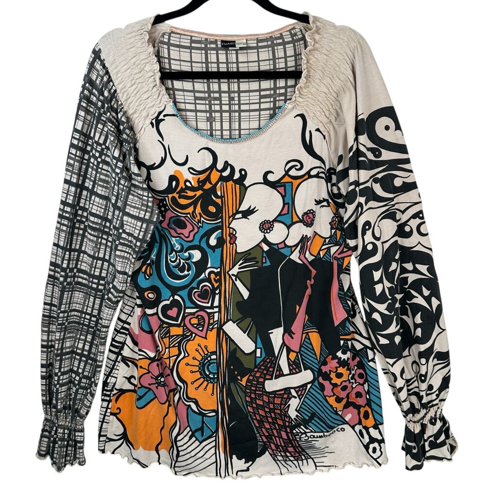 BaMBooco Top Womens XL Artsy Art to Wear Mixed Print Beaded Pima Cotton Artist